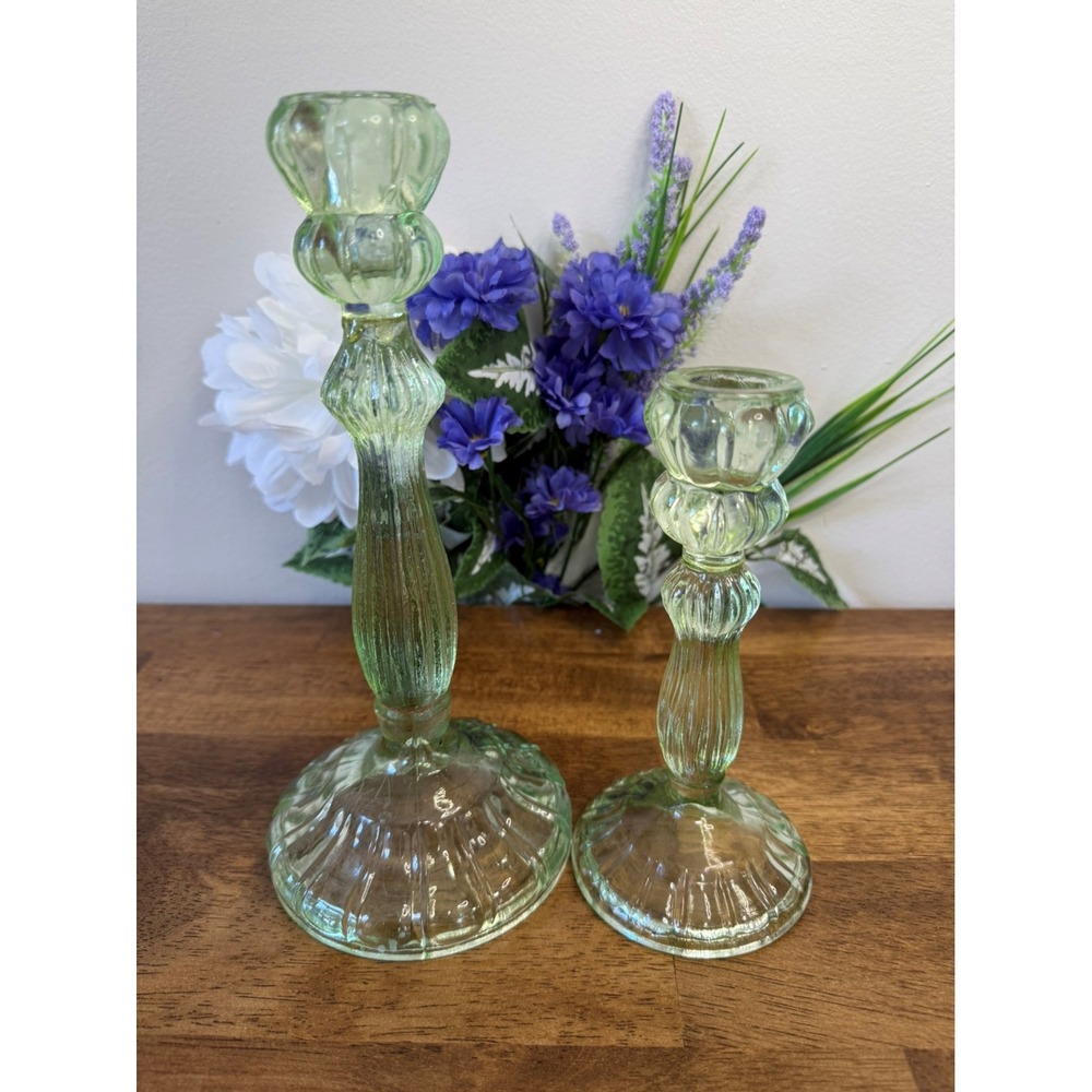 Vintage Green Glass Candlestick Holders Pair Pressed Glass Tall Short Retro‎ MCM